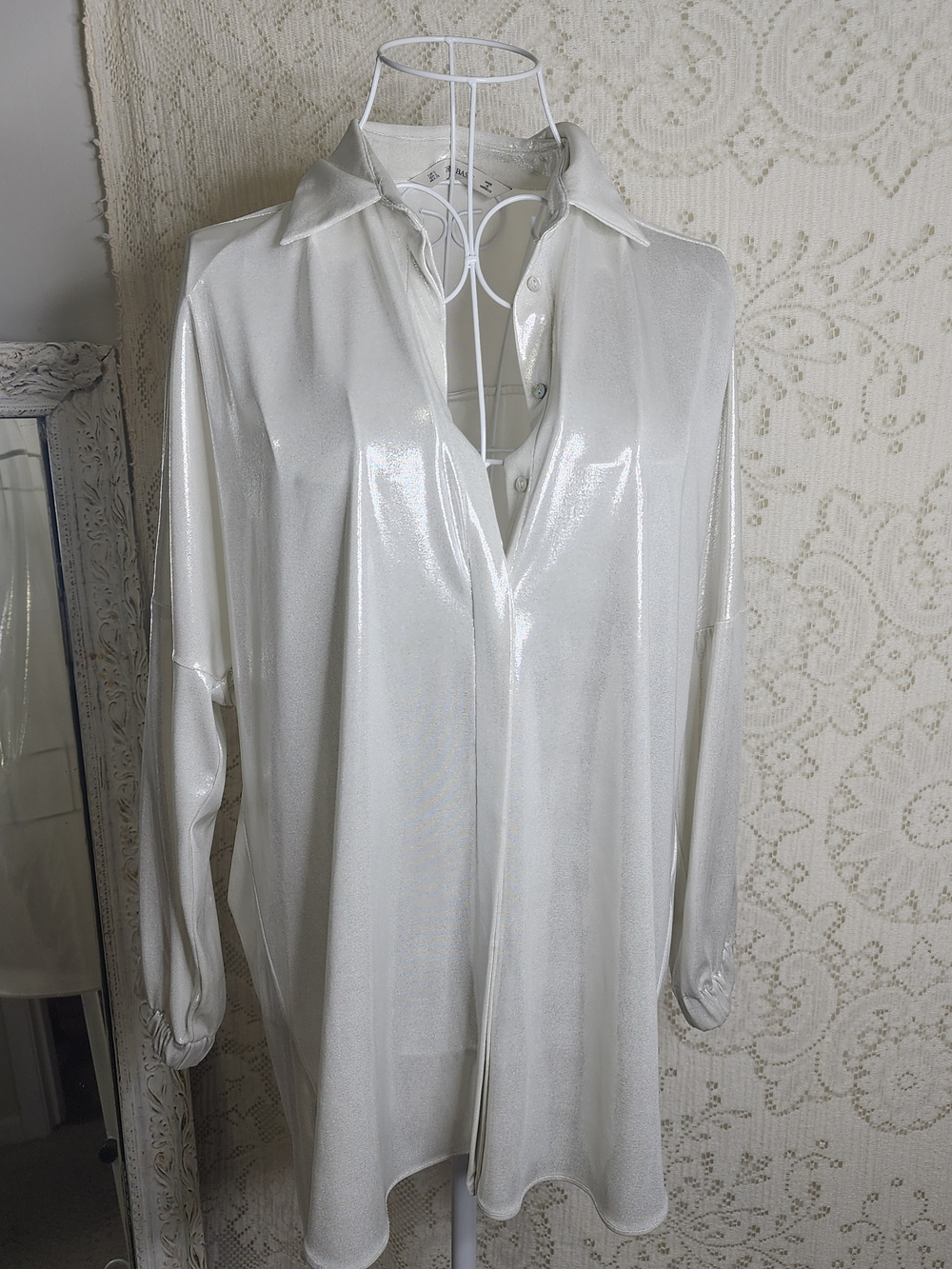 Zara Silver-White Shimmery Satin Button-Up Sleep Chemise